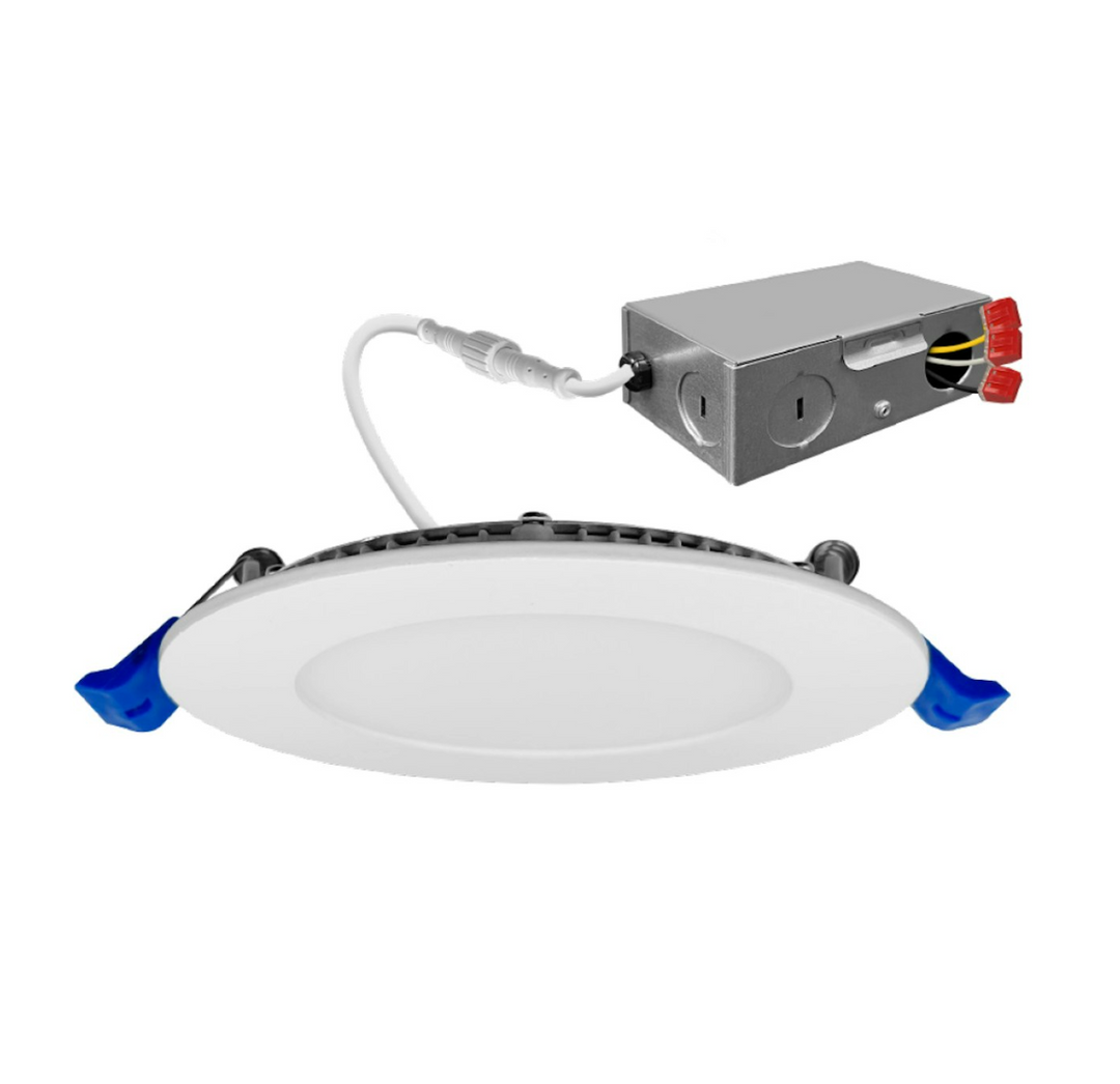 4" External J-Box Round Downlight: Slim-Line Round 5-CCT & 3-Power Select 12W/10W/8W - White