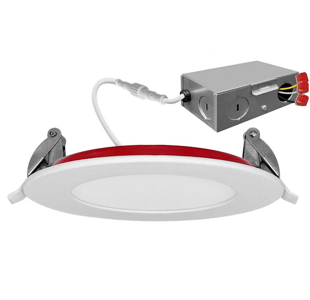 4" External J-Box Round Downlight: Slim-Line Fire Rated Round 5-CCT 12W - White