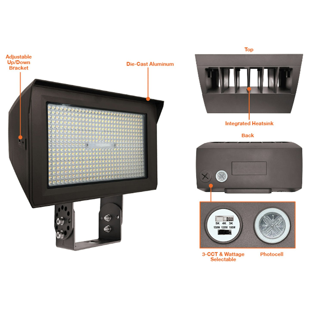 Large Flood Lights: ARCY-Line, 3-CCT & Power Select w/ Photocell 180W/240W/300W- Bronze