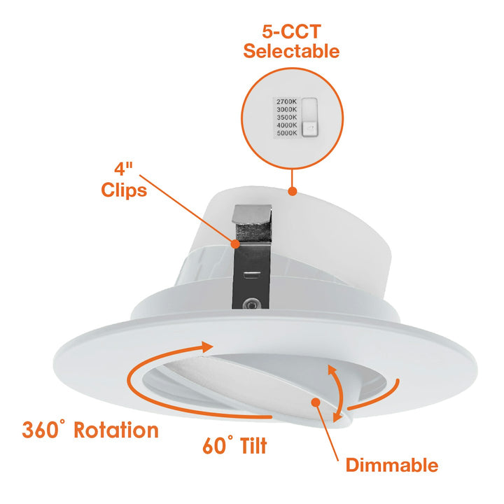 4" Retfrofit Kit Downlight: Adjust-Line 5C-CCT Selectable 10W - White