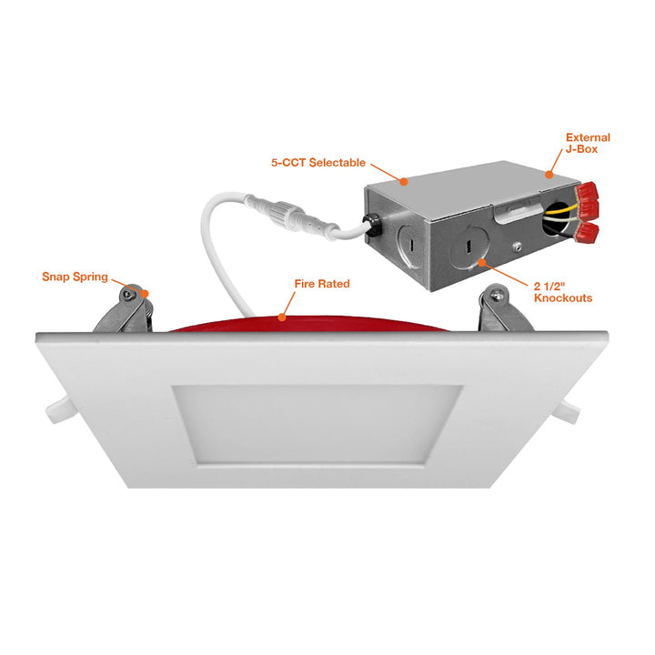 6" External J-Box Square Downlight: Slim-Line 5-CCT Select - Fire Rated 15W - White