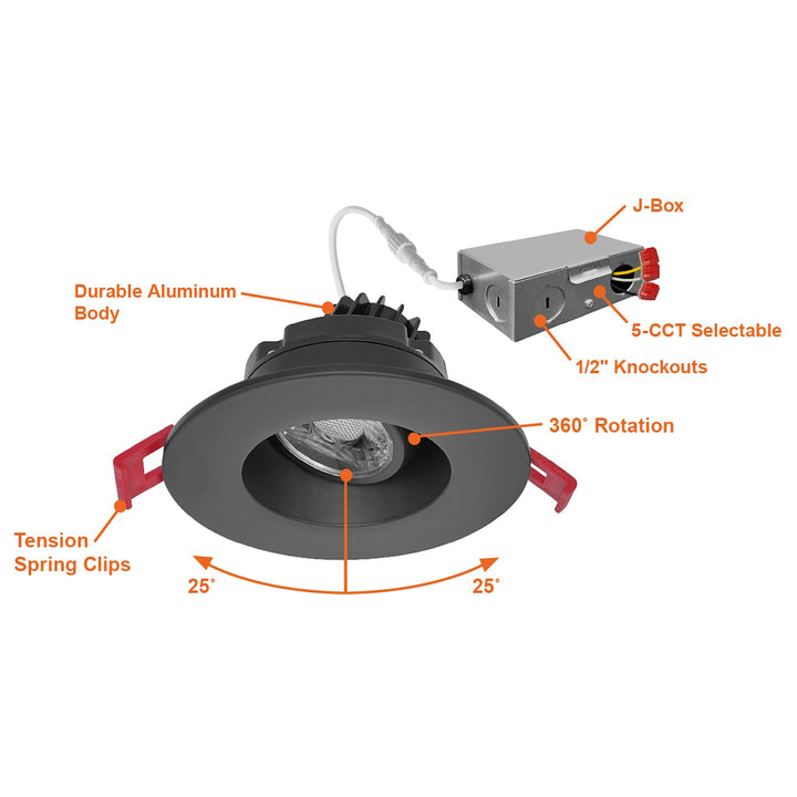 3" Regressed Gimbal Downlight: SnapTrim-Line 5-CCT Select 8W - Black