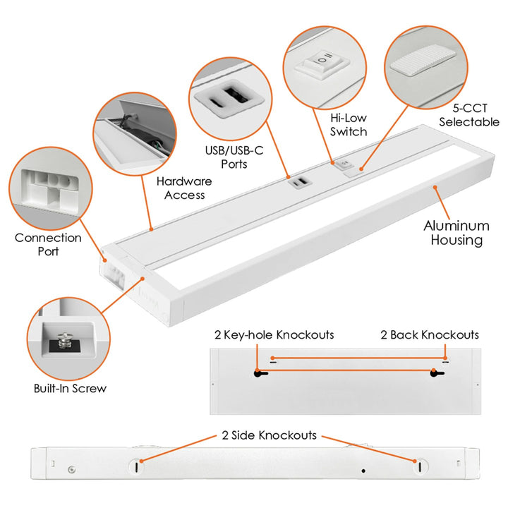 22" Undercabinet Bar w/USB/USB-C 5-CCT Selectable 10W, 120V-277V - White