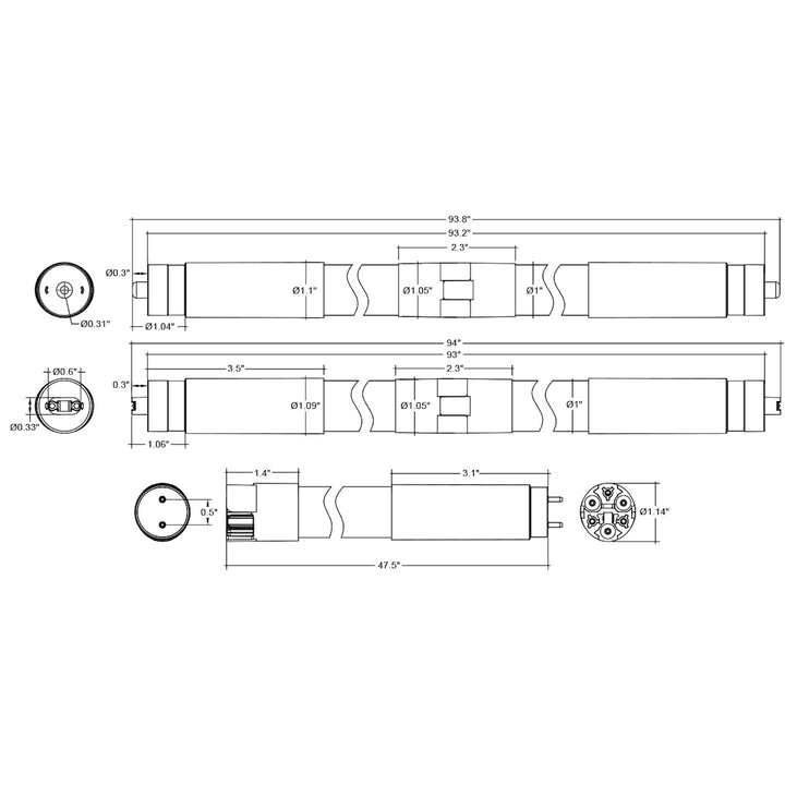 8 FT T8 Glass + PC Coating DUAL FIT Ballast, or AC Direct Double Sided w/ FA8 Single Pin Sockets