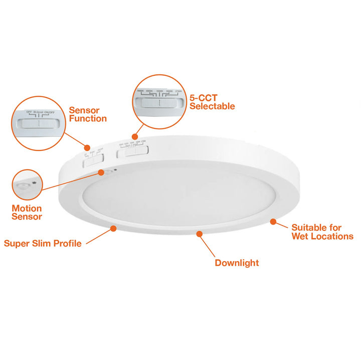 5" Slim-Line Surface Mount Round Bi-Level Motion Sensor 5-CCT Selectable 12W - White