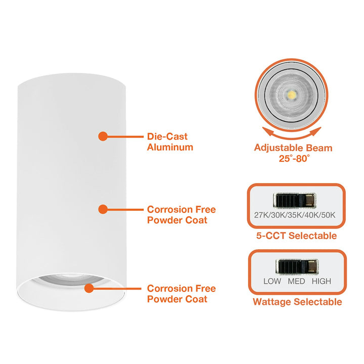 4" ARCY-Line: Cylinder Downlights, 5CCT Selectable, 15W/10W/5W - White