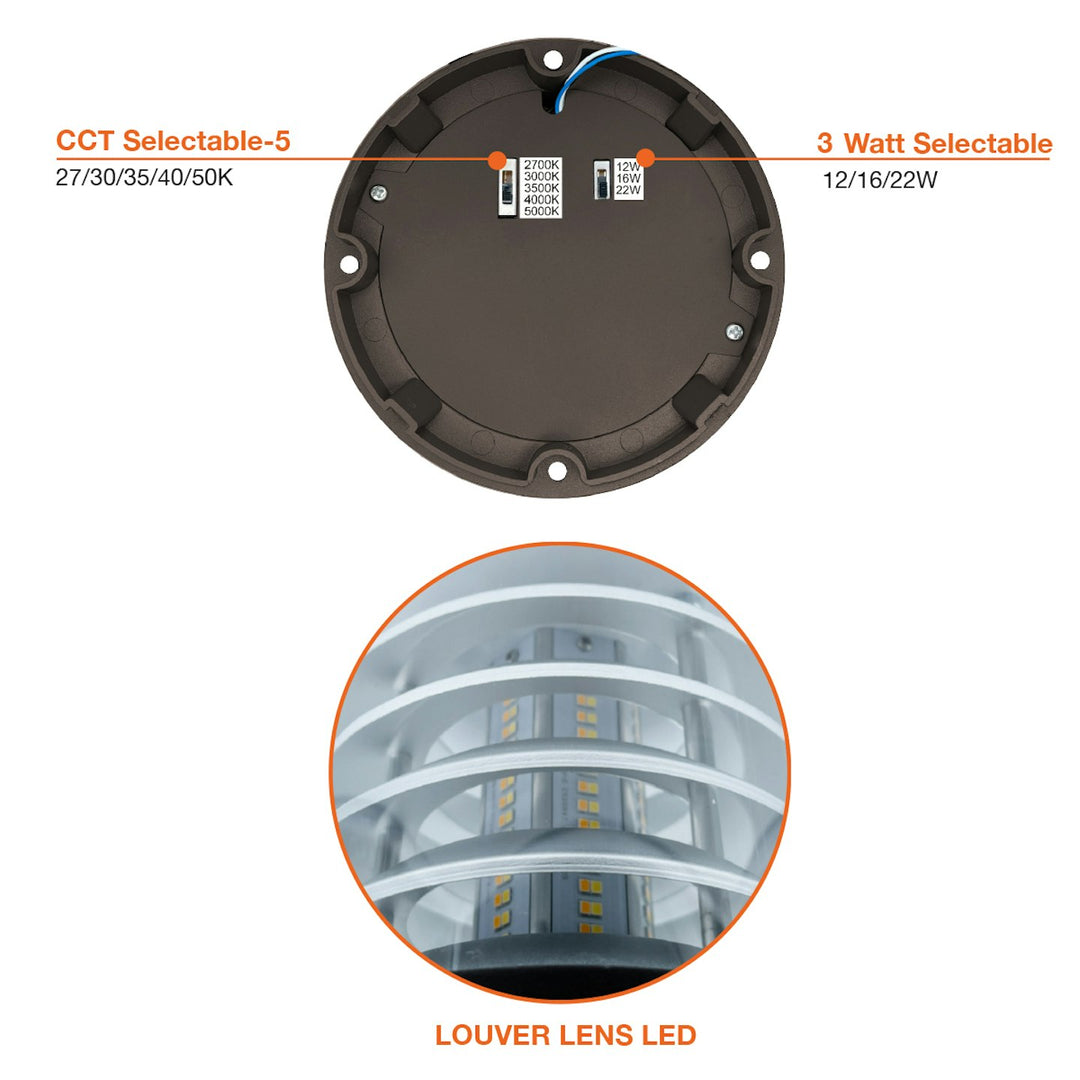 Bollard Head: Round Louver Dome Top 5-CCT Selectable 22W/16W/12W - Bronze