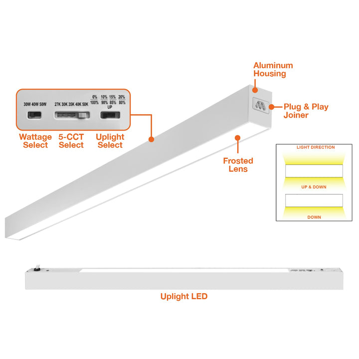 C-Line: 4' Suspended Linear W/ Uplight 5-CCT + 3-Power Selectable 50W/40W/30W - White