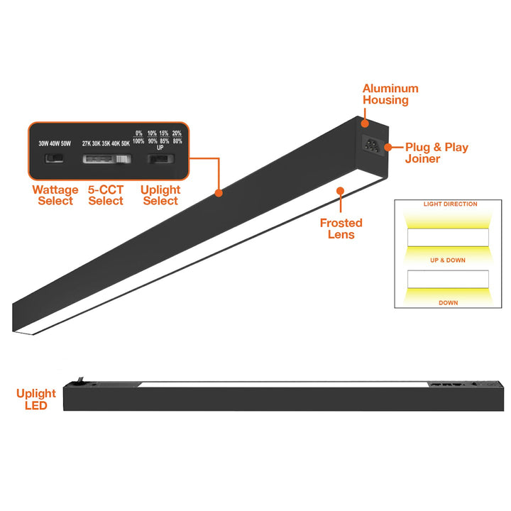 C-Line: 2' Suspended Linear W/ Uplight 5-CCT 3-Power Selectable 25W/20W/15W - Black