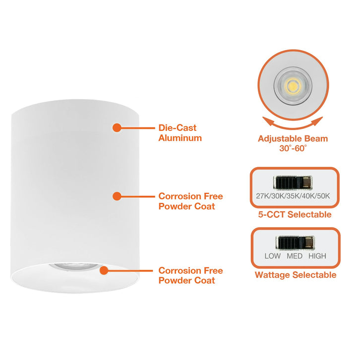 6" ARCY-Line: Cylinder Downlights, 5CCT Selectable, 40W/35W/30W - White