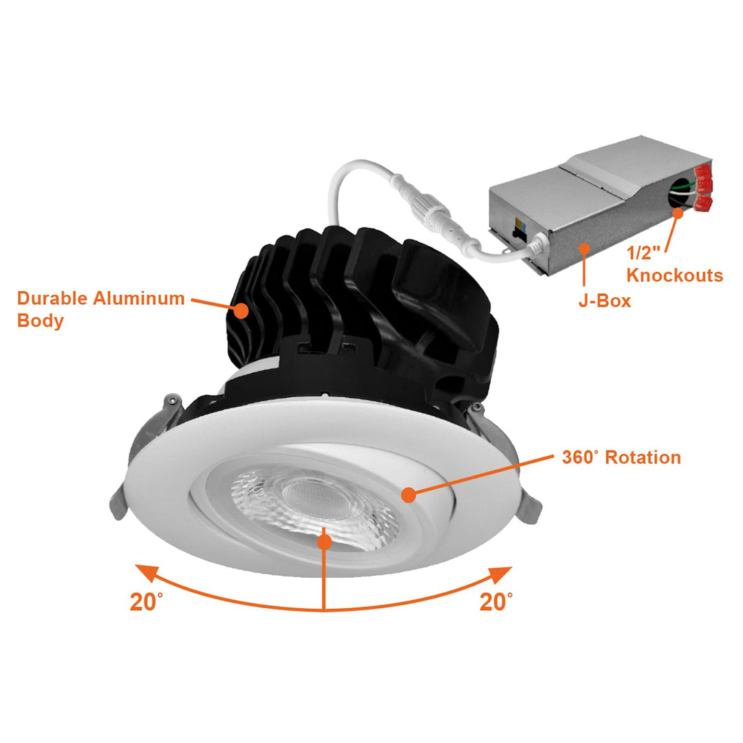 4" Gimbal Adjustable Downlight Canless, 5CCT Selectable, 18W - White