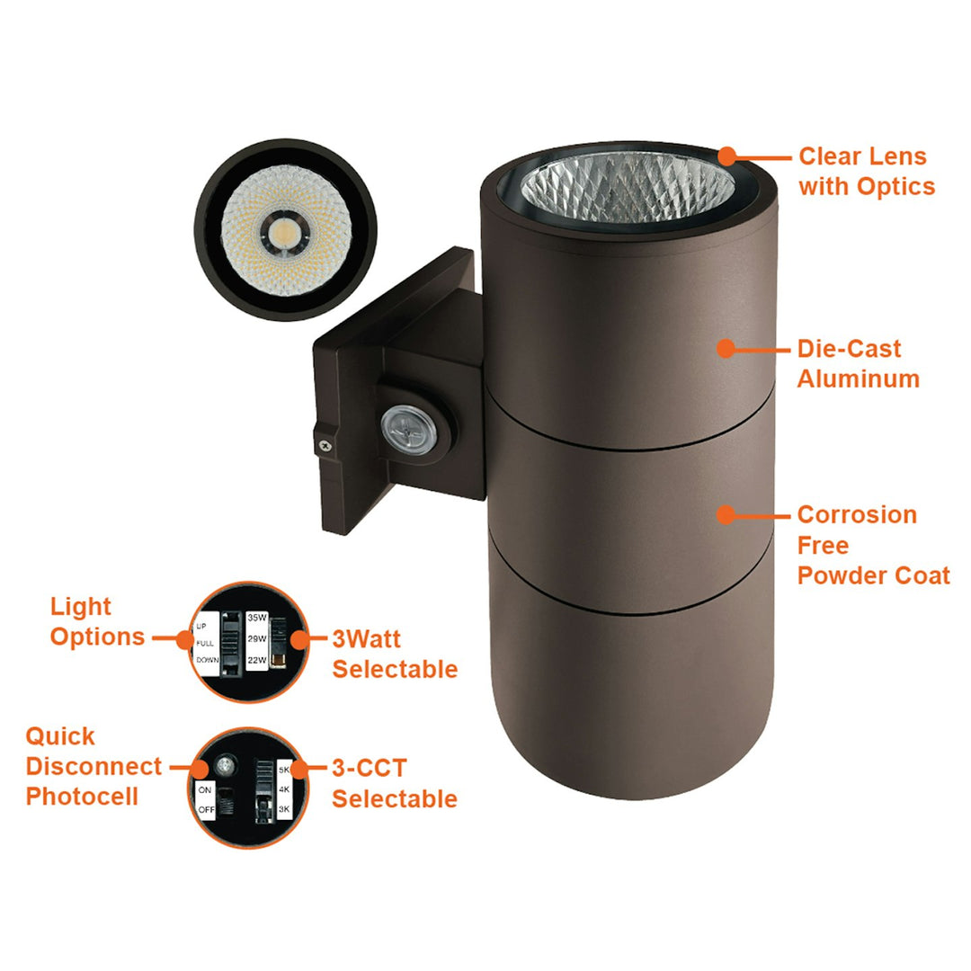 4" Cylinder Up and/or Down Light: ARCY-Line, 3-CCT & 3-Power Select w/ Photocell 20W/16W/12W - Bronze