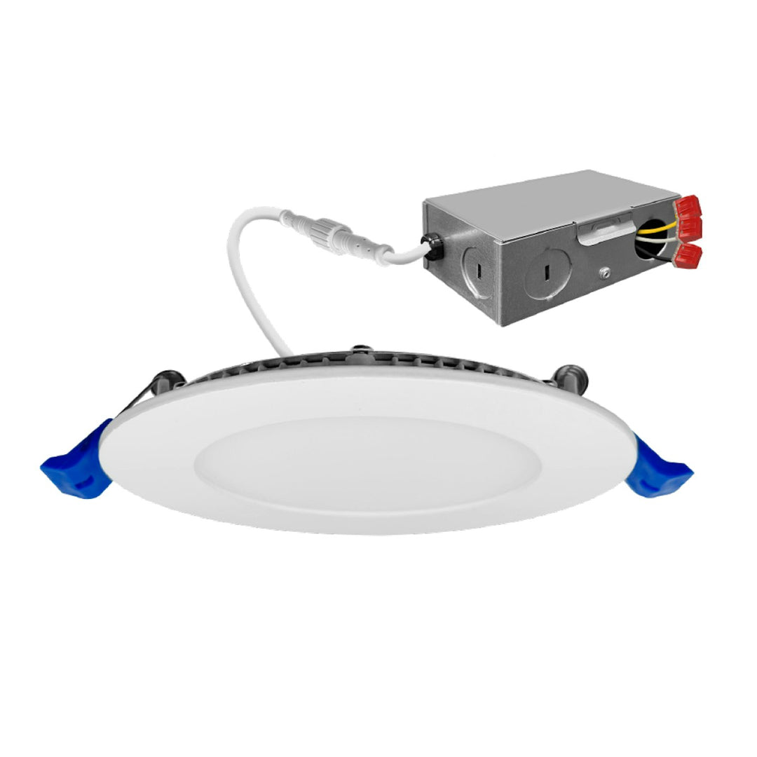 4" External J-Box Round Downlight: Slim-Line Round 5-CCT & 3-Power Select 12W/10W/8W - White