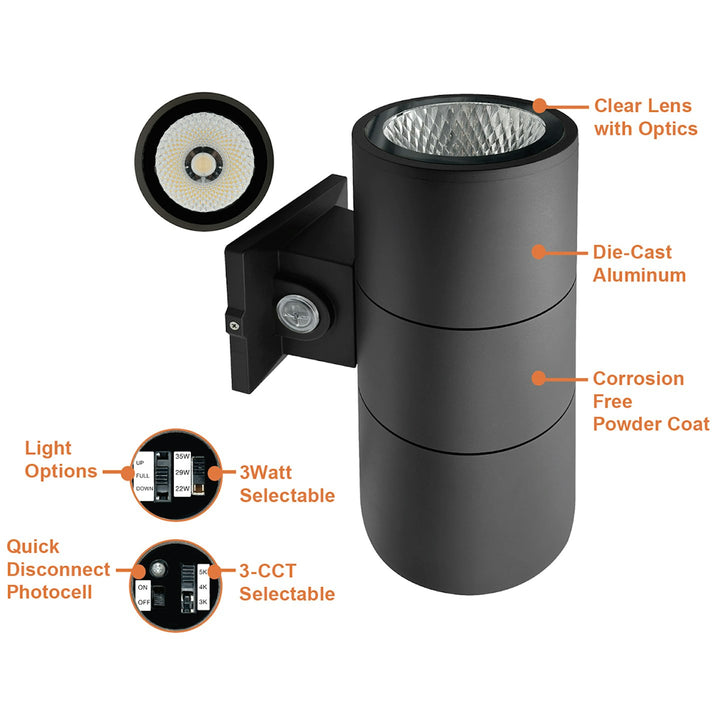 4" Cylinder Up and/or Down Light: ARCY-Line, 3-CCT & 3-Power Select w/ Photocell 20W/16W/12W - Black