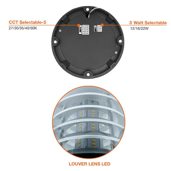 Bollard Head: Round Louver Dome Top 5-CCT Selectable 22W/16W/12W - Black