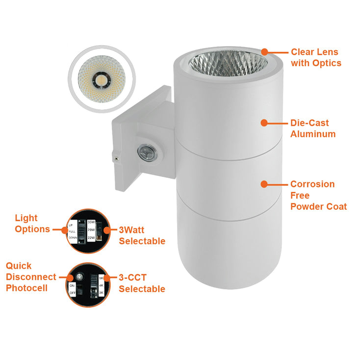 4" Cylinder Up and/or Down Light: ARCY-Line, 3-CCT & 3-Power Select w/ Photocell 20W/16W/12W - White