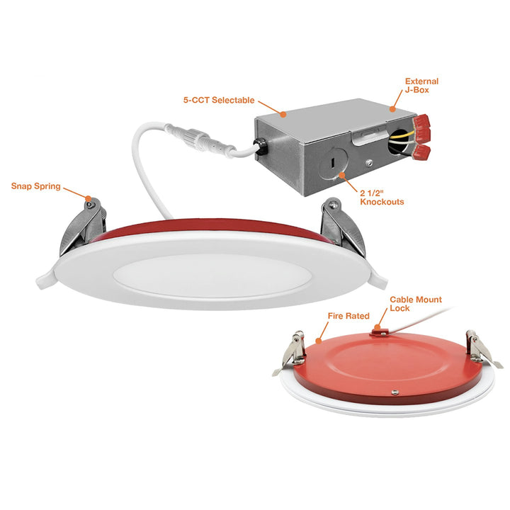 4" External J-Box Round Downlight: Slim-Line Fire Rated Round 5-CCT 12W - White