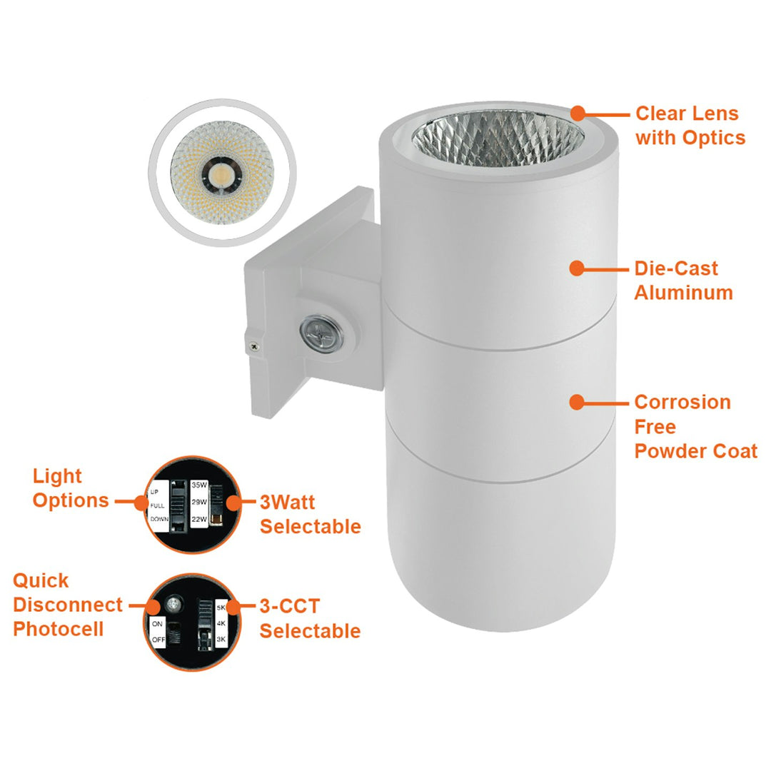 6" Cylinder Up and/or Down Light: ARCY-Line, 3-CCT & 3-Power Select w/ Photocell 35W/29W/22W - White