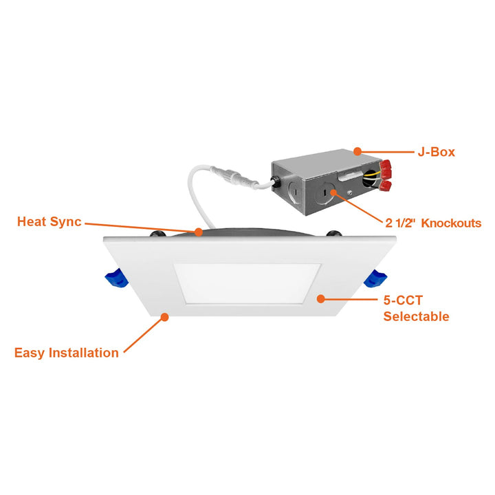 4" External J-Box Square Downlight: Slim-Line Square 5-CCT & 3-Power Select 12W/10W/8W - White