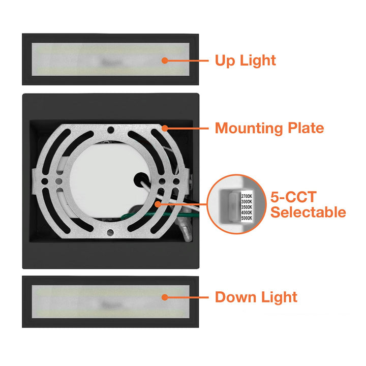 Modern Square Sconce Light: M-Line, 5-CCT Selectable w/ Up & Down Light, 15W - Black