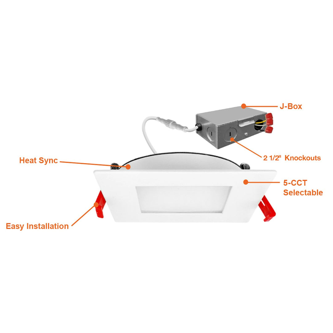 8" External J-Box Square Downlight: Slim-Line 5-CCT & 3-Power Select 22W/19W/16W - White