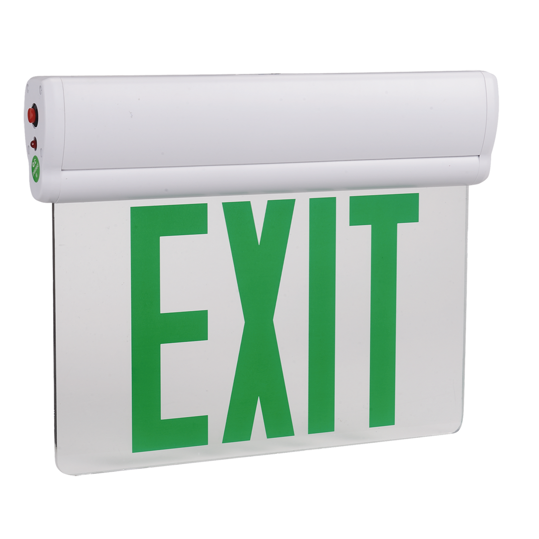 Single Face Edge-Lit LED Exit Sign - Green Letters with Silver Housing