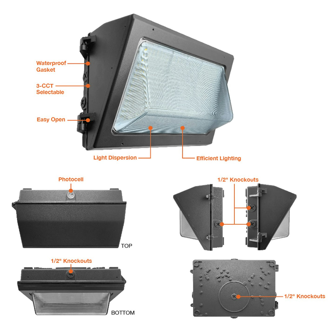 Regular Wall Pack: Full-Line 3-CCT & 5-Power Select w/ Photocell - Black