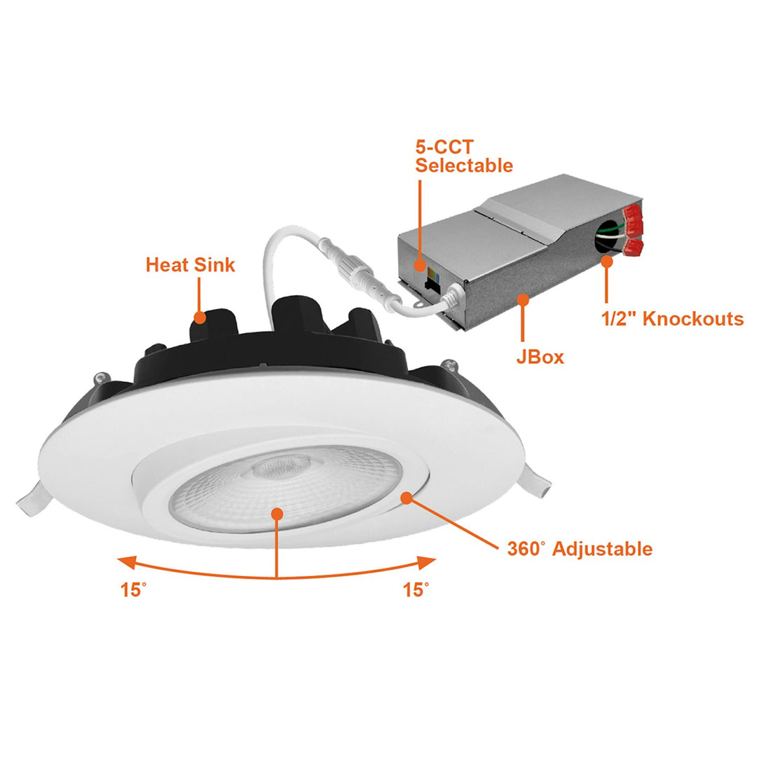 6" External J-Box Canless Gimbal Downlight, 5CCT Selectable, 18W - White