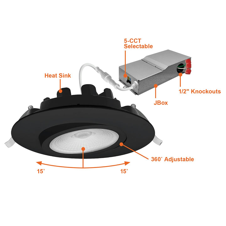 6" External J-Box Canless Gimbal Downlight, 5CCT Selectable, 18W - Black