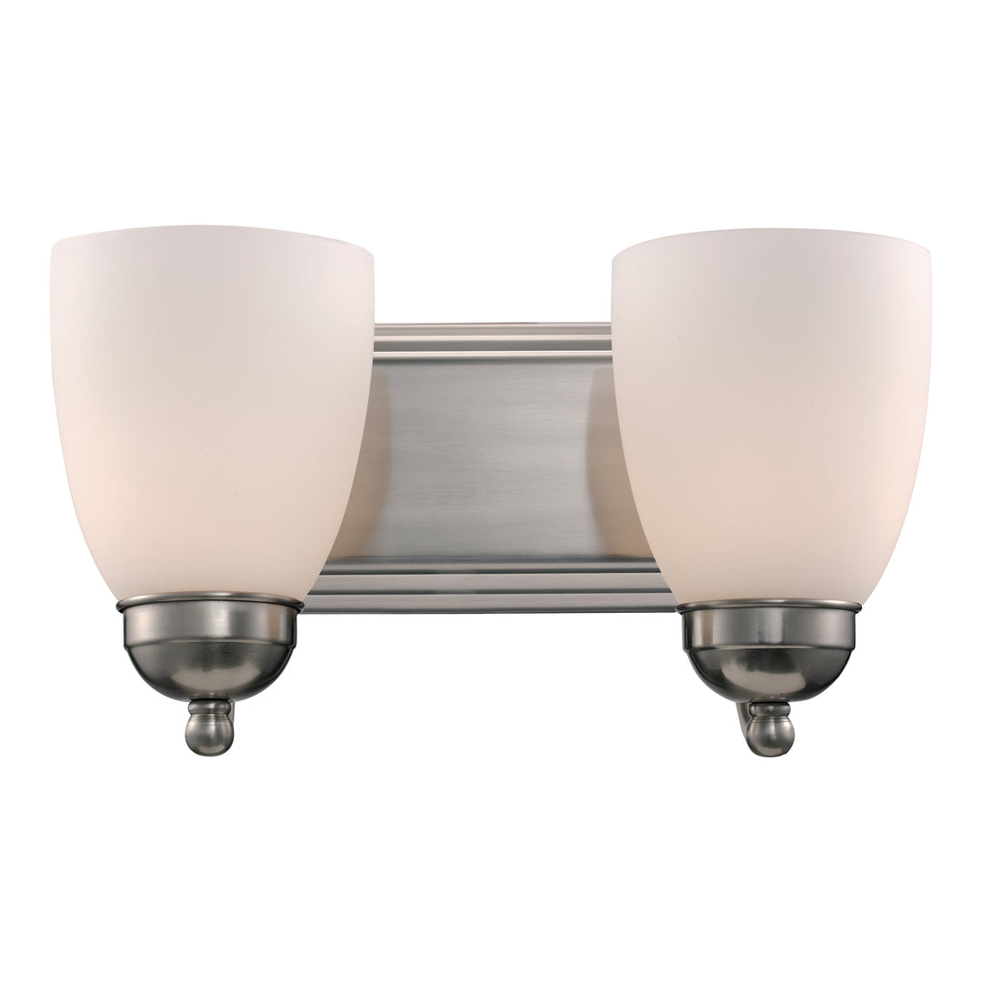 2-Light Armed Vanity Wall Light, with Glass Bell Shades Opal Glass -Brushed Nickel