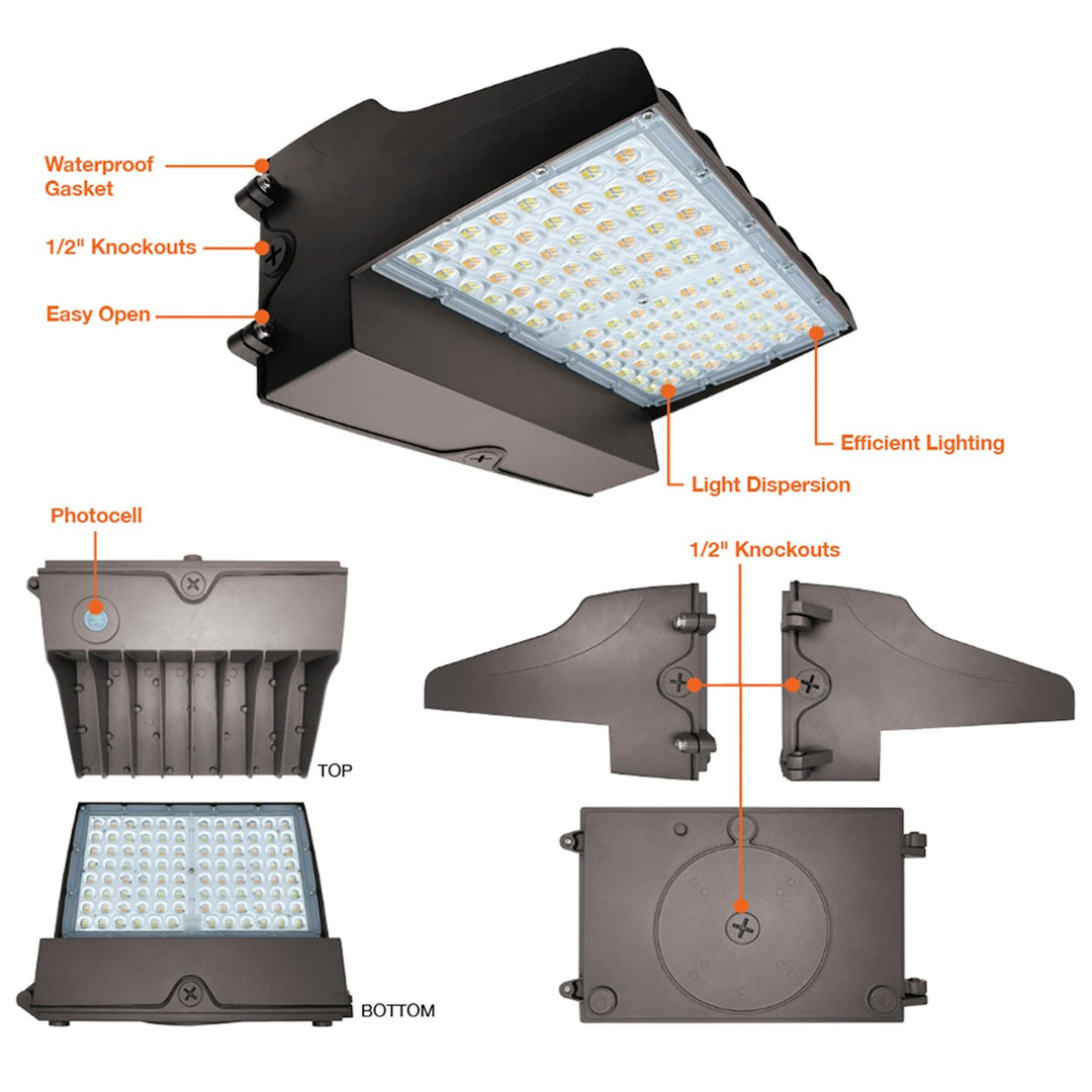 Full-Cutoff Wall Pack: Flat-FC Line, 3-CCT & 5-Power Select w/ Photocell 120W/110W/100W/90W/80W - Bronze