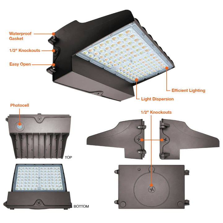 Full-Cutoff Wall Pack: Flat-FC Line, 3-CCT & 5-Power Select w/ Photocell 120W/110W/100W/90W/80W - Bronze