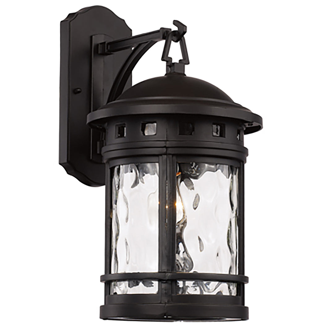 Boardwalk Collection 1-Light, Hook Hanging Wall Lantern with Water Glass- Black