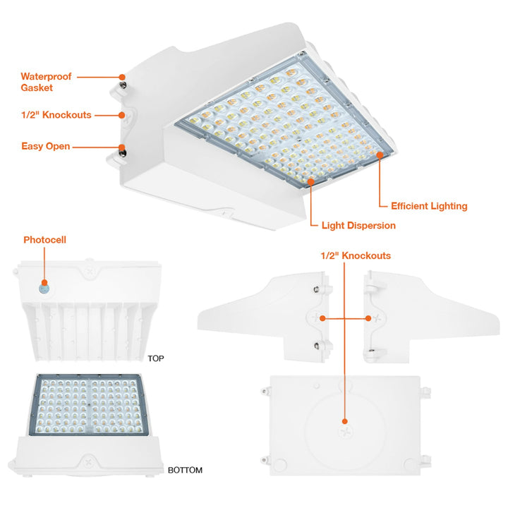 Full-Cutoff Wall Pack: Flat-FC Line, 3-CCT & 5-Power Select w/ Photocell 120W/110W/100W/90W/80W - White