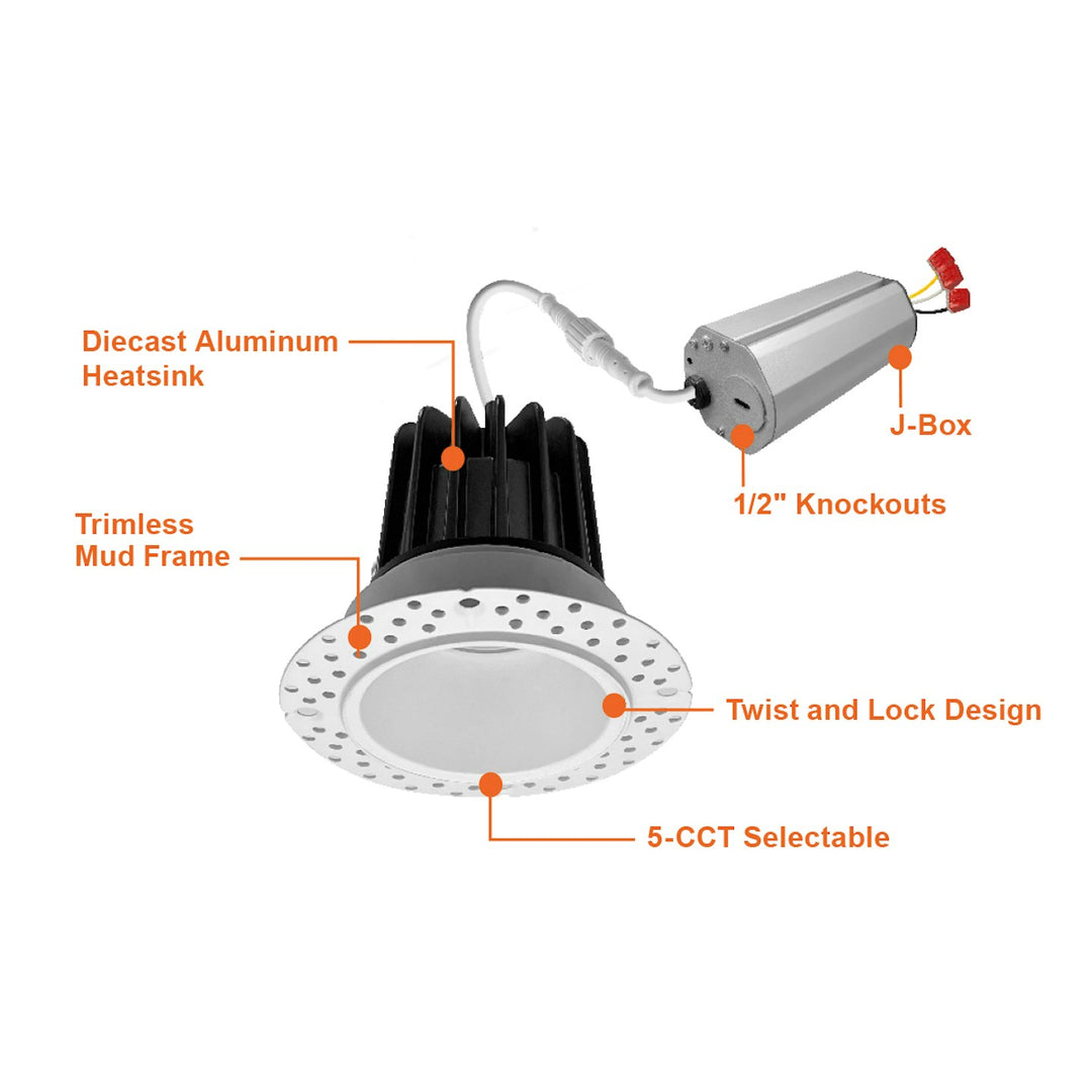 2" Round Downlight: Trimless-Line 5-CCT Selectable 8W - White