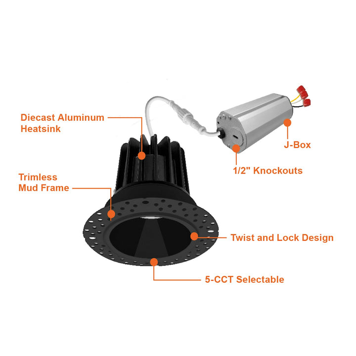 2" Round Downlight: Trimless-Line 5-CCT Selectable 8W - Black