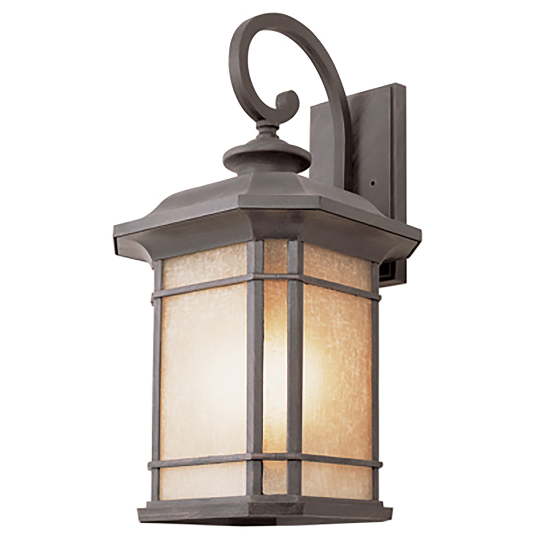 an Miguel Collection, Craftsman Style, Armed Wall Lantern with Tea Stain Glass Windows- Rust