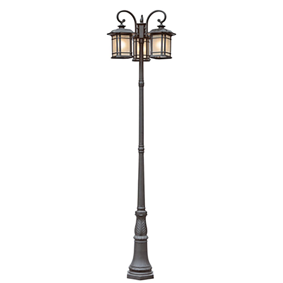 San Miguel Craftsman 99.5-In. Complete Lamp Post Set with Three Lantern Heads and Tea Stain Glass Windows - Black