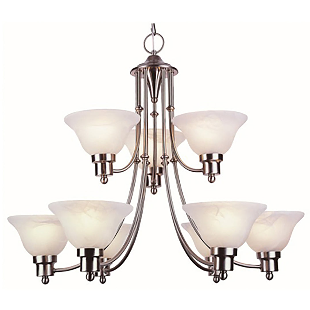 9-Light, 9-Shade, Glass Bell, 2-Tier Chandelier with Chain -  Brushed Nickel