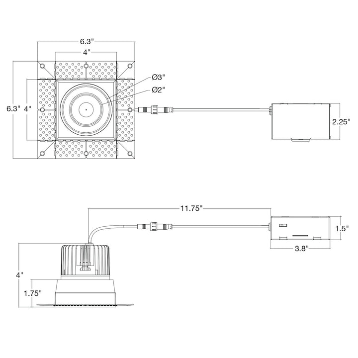 4" Square Downlight: Trimless-Line 5-CCT Selectable 15W - White