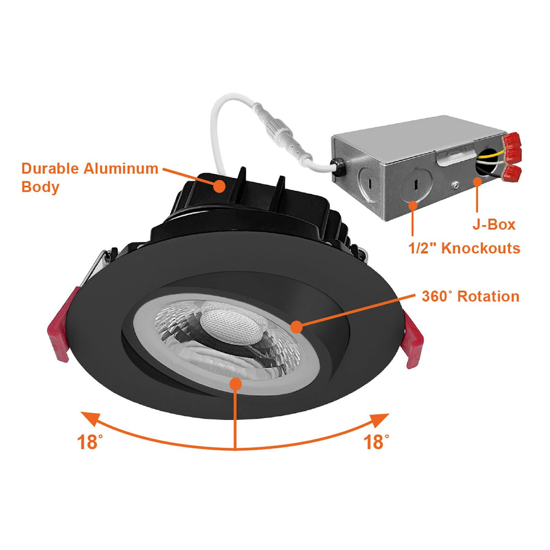 4" Gimbal Adjustable Downlight Canless, 5CCT Selectable 12W - Black