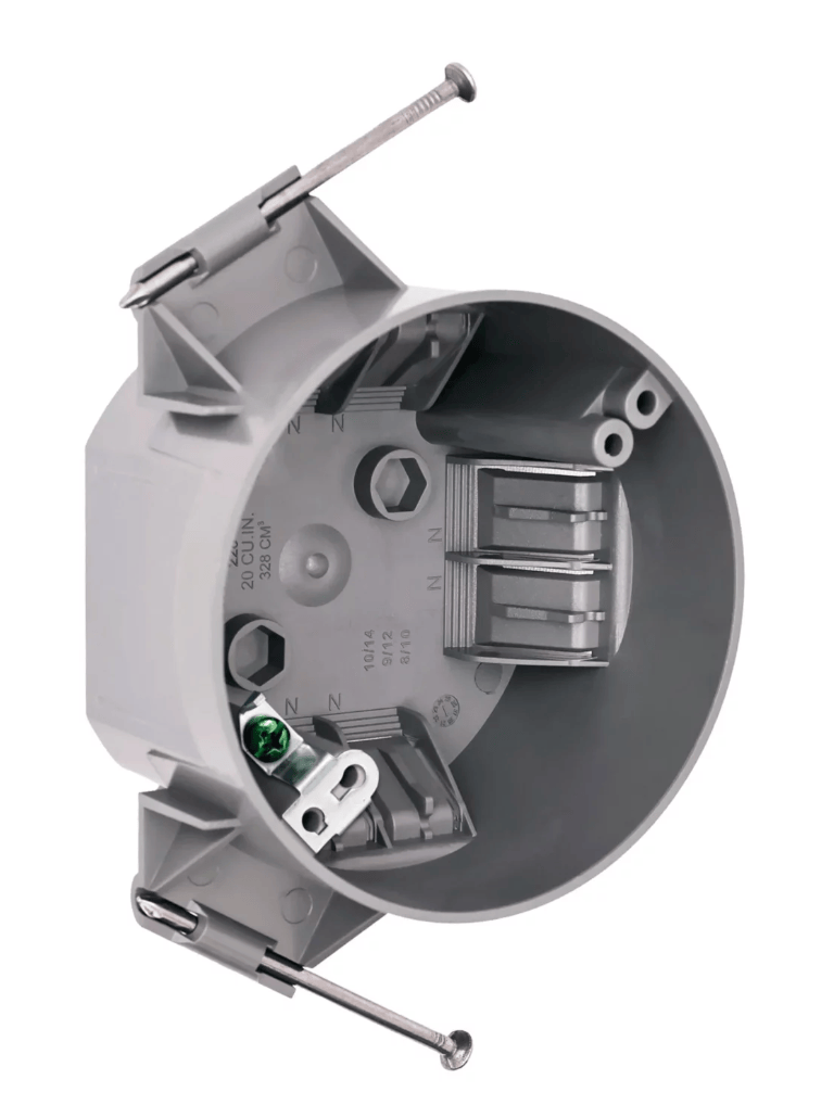 Purelite - Round New Work PVC Ceiling Box 20 cu in with Grounding ETL listed to UL514C and UL263, Must purchase carton quantities 75 pcs per carton Purelite