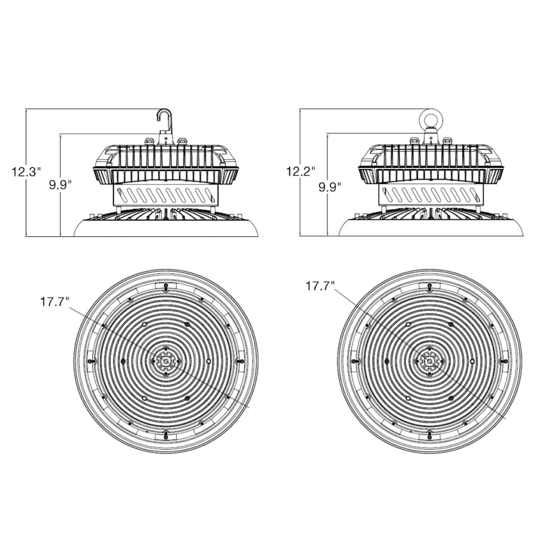 RHB High Output UFO High Bays, 3CCT/35k/40k/50k, 300W/350W/400W - Black dimensions and design blueprint