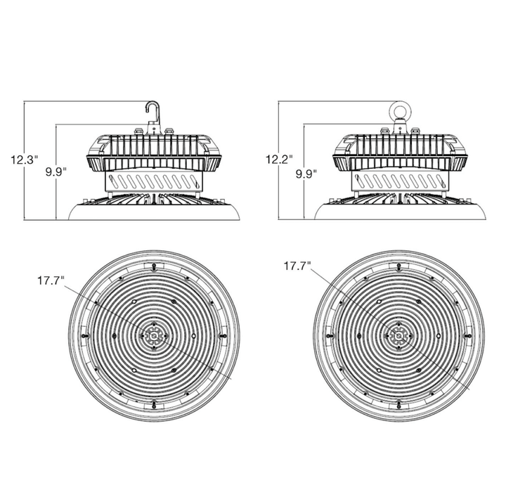 RHB High Output UFO High Bays, 3CCT/35k/40k/50k, 300W/350W/400W - Black dimensions and design blueprint