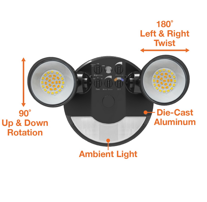 Security Flood Light with Motion Sensor, 16W/25W, 3CCT, 120V - Black
