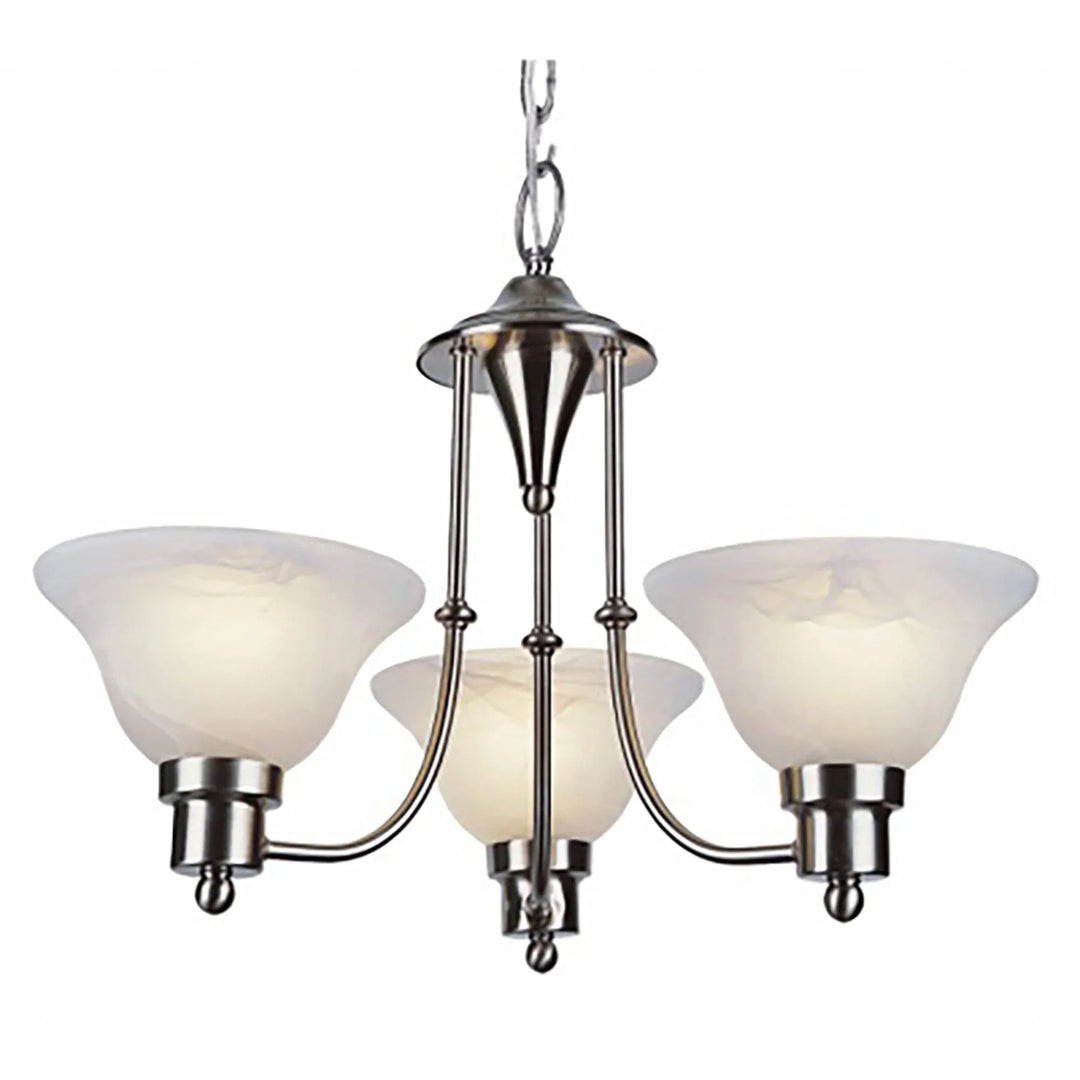 Three light brushed nickel chandelier with marbleized glass shades for dining or living room