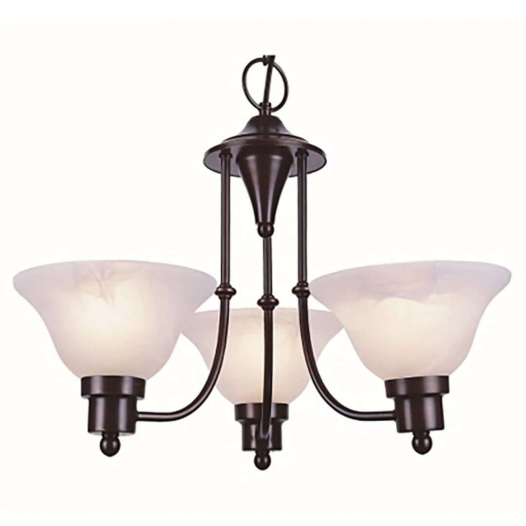Three-light glass bell chandelier with marbleized shades and weathered bronze finish for dining room