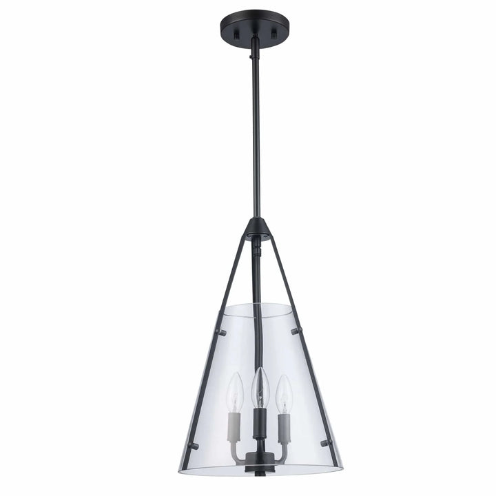 Three-light pendant fixture with clear cone glass shade and black metal finish for modern interiors