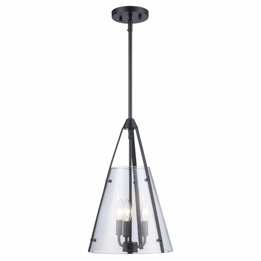 Three-light pendant fixture with clear conical glass shade and black metal accents for indoor lighting