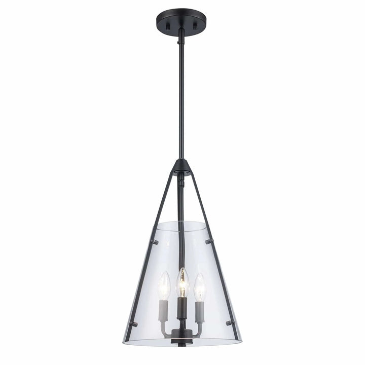 3-light pendant fixture with clear conical glass shade and black metal frame for modern interiors